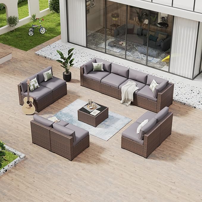 Aoxun 11 Piece Patio Furniture Set Wicker Rattan Patio Conversation Set Outdoor Sectional Sofa Set with Coffee Table and Thickened Cushions, Gray(Waterproof Cover Included)