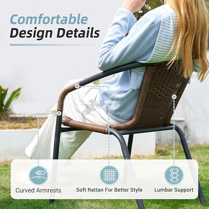 Amopatio Outdoor Dining Chairs Set of 4, Stackable Patio Chairs, Rattan Wicker Patio Dining Chairs Set of 4, Bistro, Deck, Yard, Porch, Brown