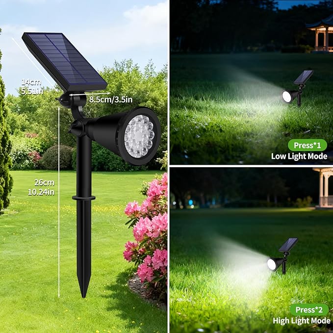 Solar Spot Lights Outdoor Waterproof, 18 LED Solar Powered Landscape Lighting Low Voltage Auto On/Off for Garden, Yard, Tree, Flag, Wall, Pathway, 4 Pack