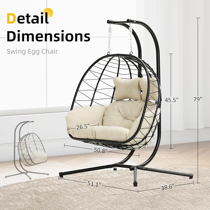 Double Egg Chair with Stand Hammock Swing Chair Foldable Hanging Loveseat, UV Resistant Removable Cushions, 700LBS Capacity for Bedroom, Balcony, Garden(BK-BE)