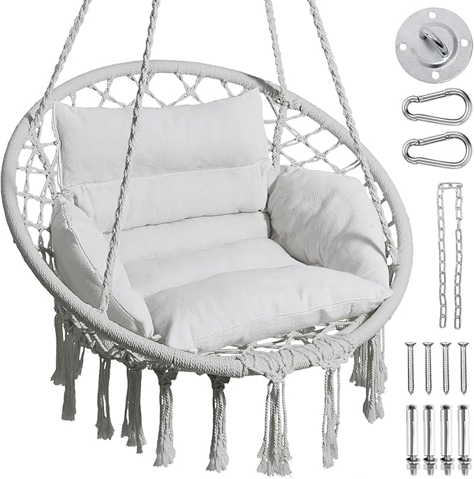 Greenstell Hammock Chair, Macrame Swing Chair with Comfy Cushion, Boho Hanging Chair for Outdoor & Indoor, Perfect for Bedroom, Patio, Balcony, Hold up to 330Lbs, Grey