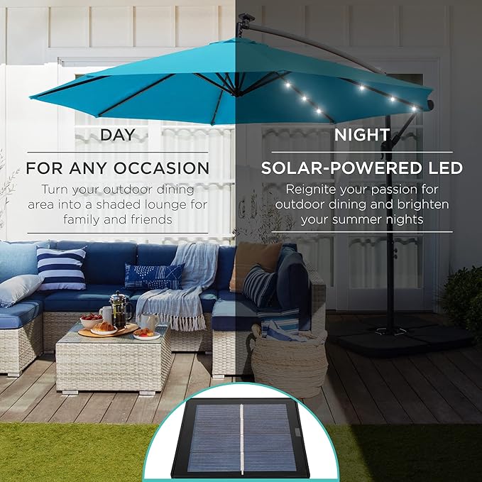 Best Choice Products 10ft Solar LED Offset Cantilever Hanging Market Patio Umbrella, 8 Sturdy Ribs, Easy Adjustment - Sky Blue