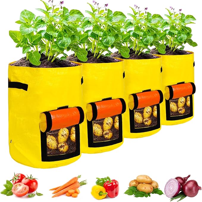 JJGoo Potato Grow Bags, 4 Pack 10 Gallon with Flap and Handles Planter Pots for Onion, Fruits, Tomato, Carrot - Yellow