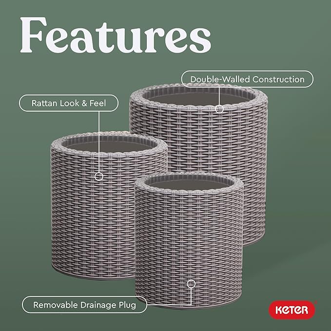 Keter Cylinder Set of 3 Rattan Resin Planter for Indoor and Outdoor Plants Ideal Decorative Planter for Porches and Patio Decor, Taupe