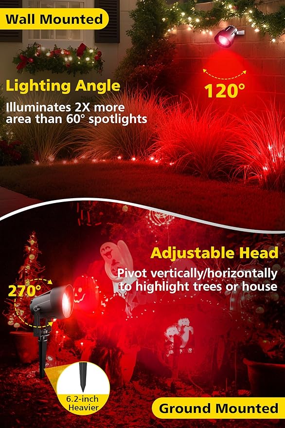 T-SUN Red Spotlight Outdoor, Waterproof LED Landscape Lighting with US Plug, Easy Install 270° Adjustable Outdoor Spot Lights for Garden Tree Yard Decor, Set of 2