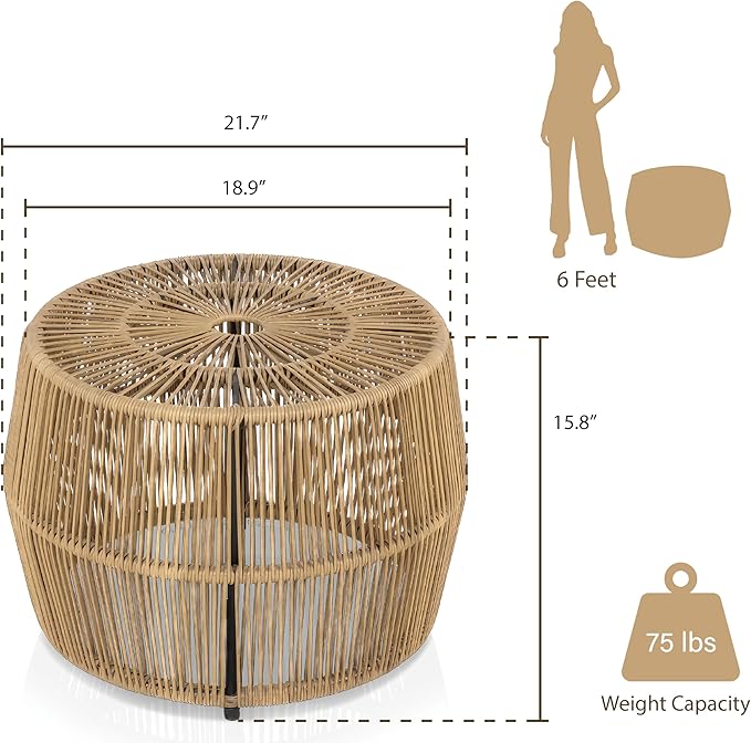 Furniture of America Ysar Boho Rattan Round Coffee Table Outdoor with Metal Frame, All-Weather and Rust Resistant, Handcrafted Coastal Furniture for Patio, Poolside, Garden, Yard, Natural Brown