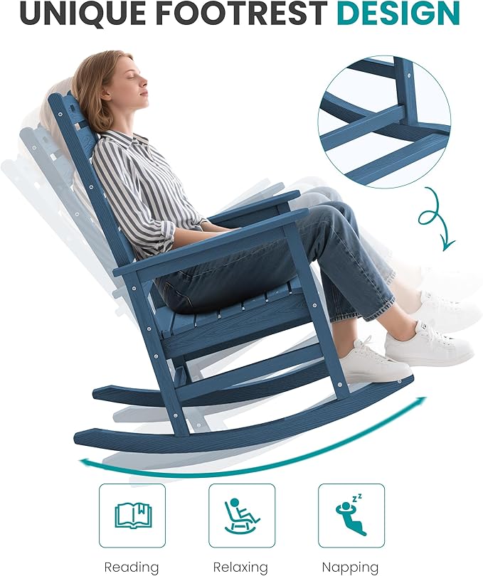 SERWALL Oversized Outdoor Rocking Chair, HDPE Patio Rocking Chair with Footrest for Adults, All Weather Porch Rocker for Deck Patio Balcony, Navy
