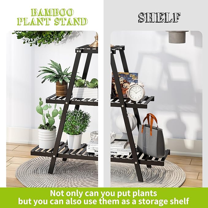 BMOSU Plant Stand Bamboo for Indoor Outdoor Tiered Plant Shelf 8 Potted Flower Holder Ladder Rack Garden Balcony Living Room Patio(3 Tier Black)