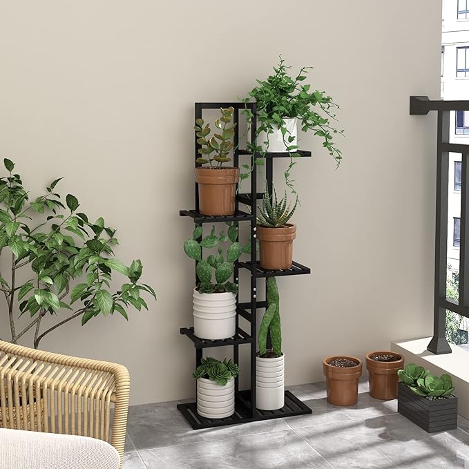 Laiensia 5 Tier Bamboo Plant Stand Rack 6 Potted Multiple Flower Pot Holder Shelf, Indoor&Outdoor Planter Display Shelves for Patio Garden, Living Room, Corner Balcony and Bedroom,Black
