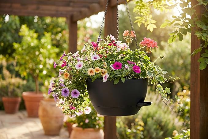 Hanging Planters, 3-Pack 10 Inch Self-Watering Pots with Drainage Holes and Chains, Matte Plastic Planters for Indoor/Outdoor Plant（Black）