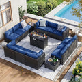 Aoxun 15 Piece Patio Furniture Set with 44” Fire Pit Table, Wicker Rattan Patio Sectional Sofa, Outdoor Furniture Set with Thickened Cushion, Blue