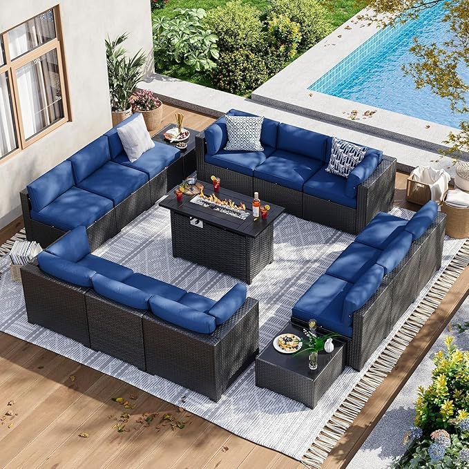 Aoxun 15 Piece Patio Furniture Set with 44” Fire Pit Table, Wicker Rattan Patio Sectional Sofa, Outdoor Furniture Set with Thickened Cushion, Blue