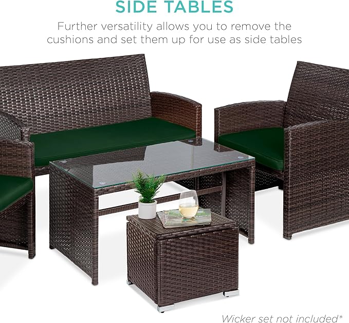 Best Choice Products Set of 2 Wicker Ottomans, Multipurpose Outdoor Furniture for Patio, Backyard, Additional Seating, Footrest, Side Table w/Storage, Removable Cushions - Midnight Green/Brown