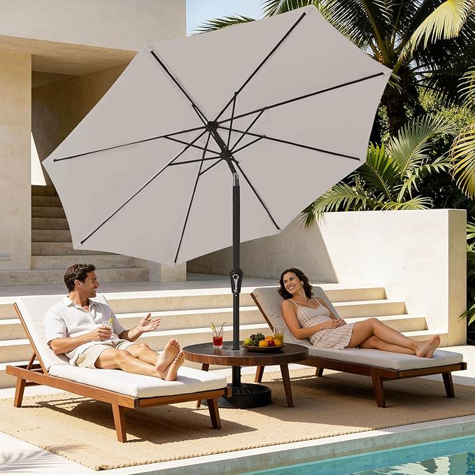 MEWAY 9ft Patio Umbrella Outdoor Table Umbrellas with Push Button Tilt and Crank, Market Umbrella 8 Sturdy Ribs for Deck, Garden, Pool and Backyard, Fog Gray