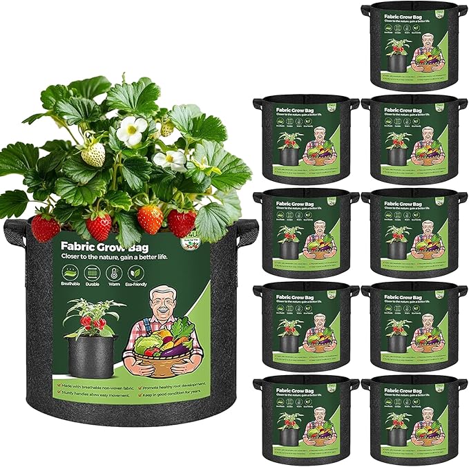 T4U 5 Gallon Grow Bags, Upgrade Grow Bags with Handles, Heavy Duty Thickened Nonwoven Fabric Pots, 5 Gallon Pots for Plants, Strawberry, Cherry Tomatoes (10 Pack)