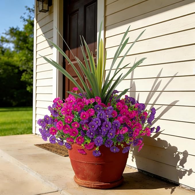 Artificial Flowers for Outdoors Fake Plants Outside, 12 Bundles Silk Morning Glory with Eucalyptus + Orchid Leaf UV Resistant Realistic Faux Flowers for Porch Planter Garden Patio (Purple Fuchsia)