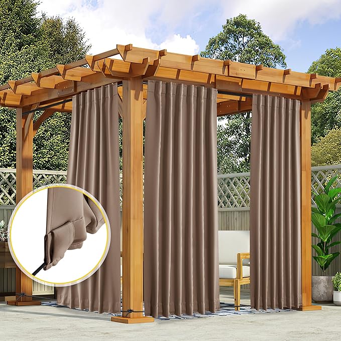 NICETOWN 2 Panels Blackout Patio Waterproof Outdoor Curtains, Top & Bottom Pocket & Back Tab Wind-Break Thermal Drapes Privacy Sound Reducing for Pergola with Fixed Ropes, W52 x L84, Tan-Khaki