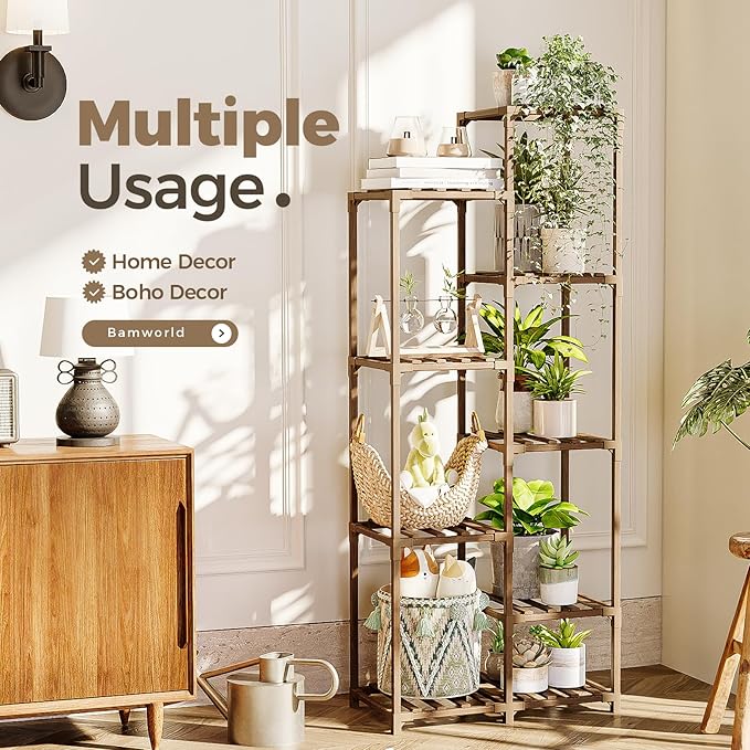 Bamworld Plant Stand Indoor Tall Plant Shelf Outdoor Corner Plants Table Wood Flower Stand for Living Room Balcony and Garden (9 pots)
