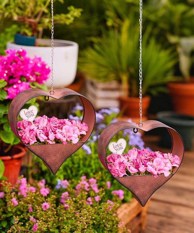 Metal Plant Hangers Indoor and Outdoor for Mom Women Her Wife Garden Lovers Birthday - Heart Shape Hanging Planters for Window Wall Living Room Office Decor(2 Pack)