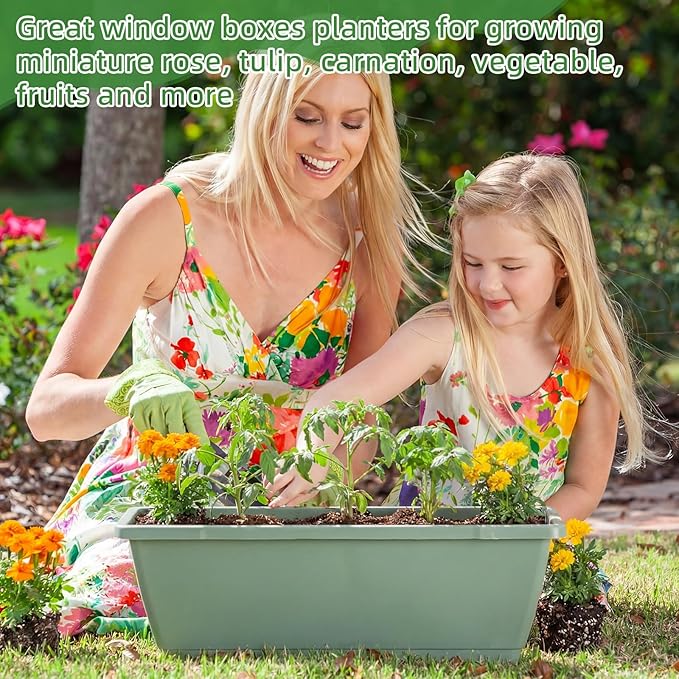 12 Pack Window Box Planter 17 Inches Rectangular Vegetable Flower Planters with Drainage Holes and Saucers Plastic Flower Pots Coloful Herb Planter for Indoor Outdoor Patio Garden Home Decor