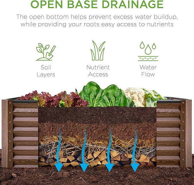 Best Choice Products 4x2x2ft Outdoor Metal Raised Garden Bed, Deep Root Box Planter for Vegetables, Flowers, Herbs, 119 Gallon Capacity, 100% Non Toxic Materials - Dark Brown Wood Grain