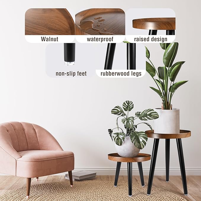 Indoor Plant Stand,Wood Mid Century Plant Table in Walnut Finish,Tall Plant Stand for Flower Pot,Modern Round Small Side End Table with Raised Design (Walnut, 12"x10.8" 2 Pack)