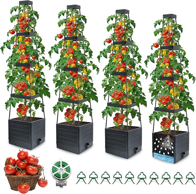 MQFORU 4Pack Raised Garden Bed Planter Boxes with Trellis, 57" Self-Watering Tomato Planter Boxes with Trellis for Climbing Vegetable and Plants, Tomato Cage for Indoor Outdoor Use