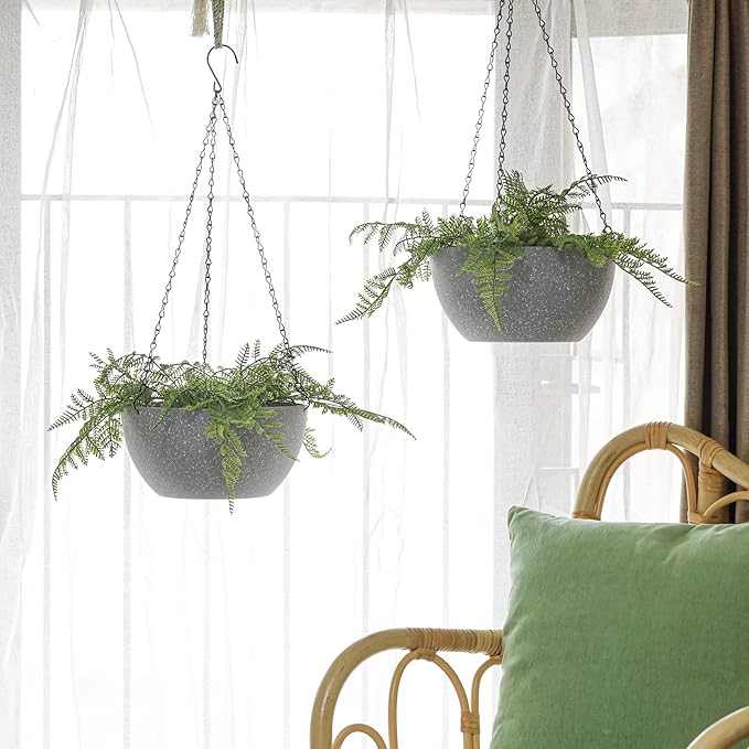 T4U Hanging Planters for Indoor Outdoor Plants 2 Pack - 12 Inch Grey Hanging Plant Basket with Drainage Hole, Round Hanging Flower Plant Pot for Garden Home Decor(Grey)