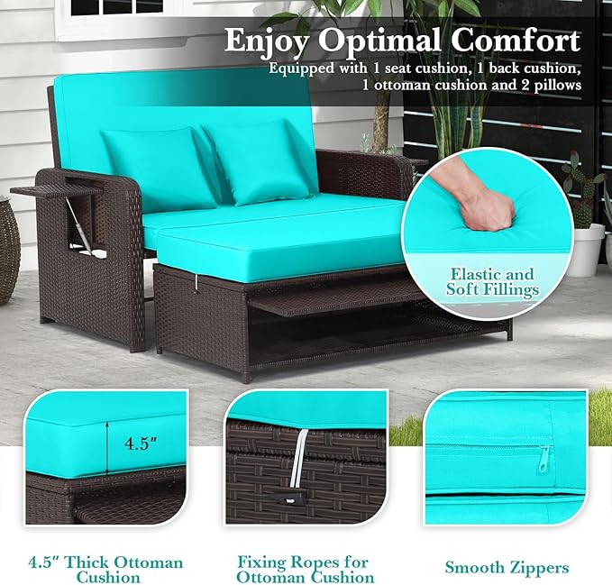 Tangkula Patio Rattan Daybed with 4-Level Adjustable Backrest, Outdoor PE Wicker Loveseat with Storage Ottoman & Folding Side Tray, Double Sunbed Lounger for Balcony, Backyard & Poolside, Turquoise