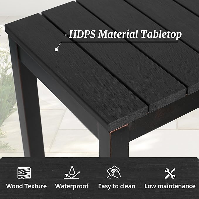 Outdoor Bar Table, 45" Patio Bar Height Counter Console Table, Black Waterproof HDPS Slatted Top and Bronze Leg, Weather Resistant, Hot Tub, Balcony, Yard, Indoor or Outdoor Use