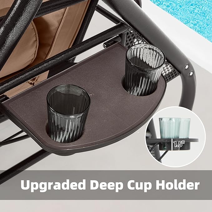 HOMREST 3 Seat Outdoor Porch Swing with Adjustable Canopy, Convertible Patio Swing Bed with Stand, Patio Glider Swing with Upgraded Cup Holder, Thicken Cushions ＆ Pillow for Backyard (Brown)