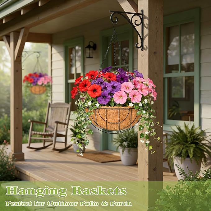 4 Pack 14 Inch Hanging Baskets for Plants Outdoor Metal Hanging Planter Hanging Flower Baskets with Coco Fiber Liners Chain Round Wire Plant Holder Hanging Flower Pots(Flower Border)
