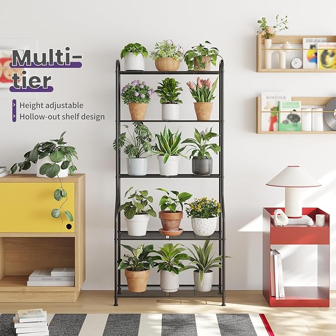 5-Tier Corner Plant Stand, Metal Black Flower Pot Rack, Indoor Outdoor Heavy Duty Shelf (Black, 5 Tier)