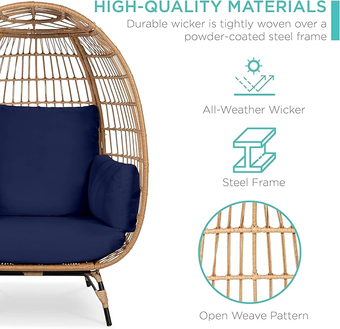Best Choice Products Wicker Egg Chair, Oversized Indoor Outdoor Lounger for Patio, Backyard, Living Room w/ 4 Cushions, Steel Frame, 440lb Capacity - Navy