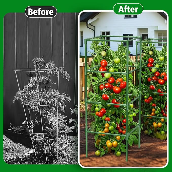 3 Pack Square Tomato Cages for Garden, 42 Inches Heavy Duty Metal Tomatoes Cages Plant Support Stakes Trellis with Clips for Climbing Plants Vegetables Flowers Fruits