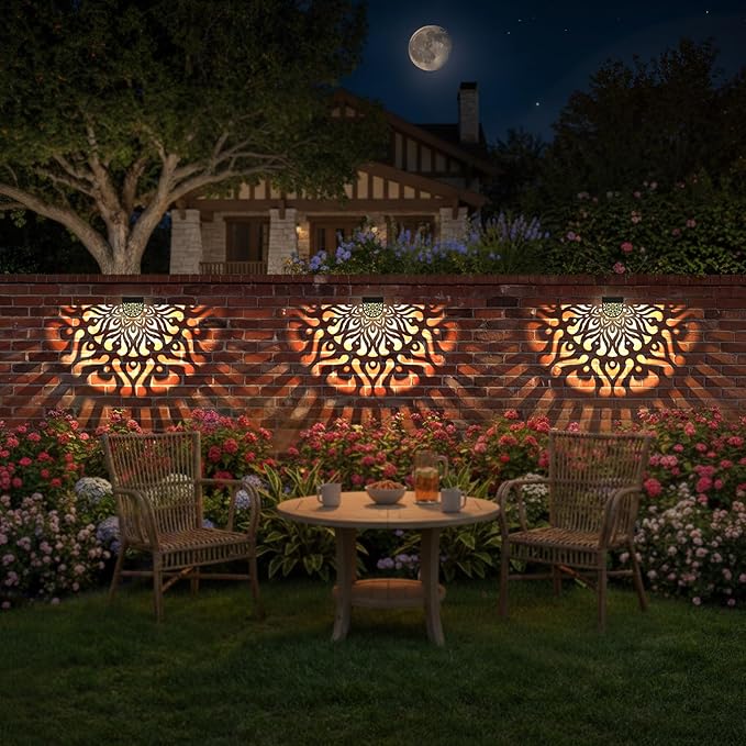 6 Pack Solar Fence Lights Outdoor Wall Lights Plastic Solar Powered Deck Step Stair Lights Mandala Theme Waterproof Fence Solar Light for Garden Post Patio Yard Decor, Gardening Gifts for Women Mom