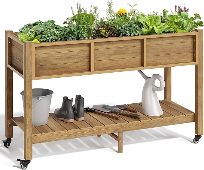 YITAHOME Raised Garden Bed HDPE, 47x18x31In Raised Flower Bed Poly-Wood Weather-Resistant Elevated Planter Box with Lockable Wheels & Storage Shelf for Vegetable Flower, Brown