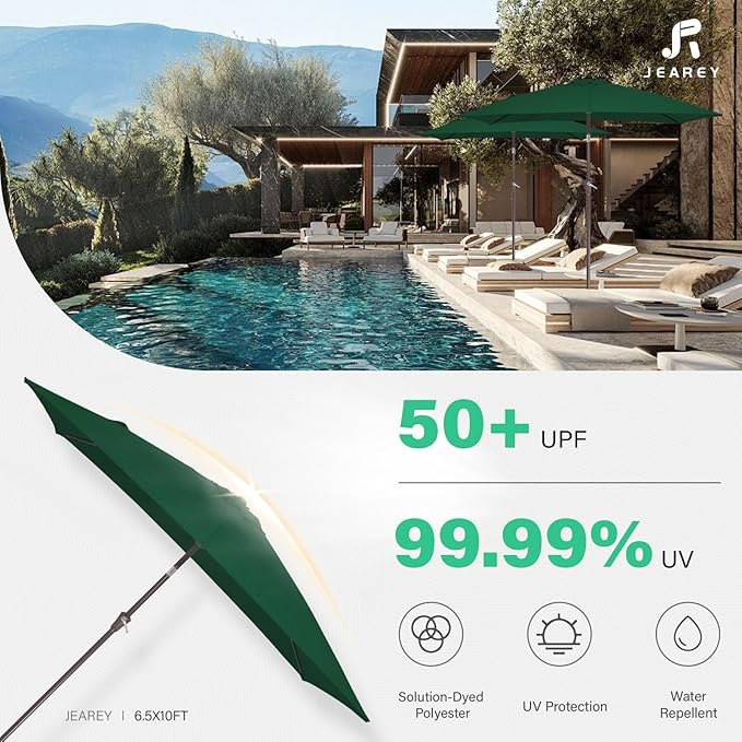 JEAREY 6.5x10 ft Rectangular Patio Umbrellas Rectangle Outdoor Umbrella with Push Button Tilt and Crank, Market Table Umbrella 6 Sturdy Ribs UV Protection for Poolside Garden Backyard Deck, Dark Green