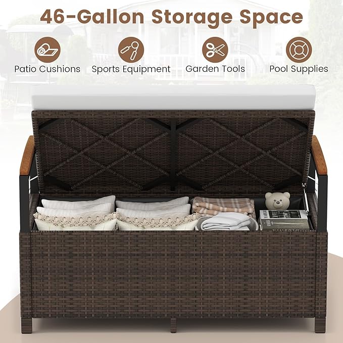 RELAX4LIFE Wicker Outdoor Storage Bench - Rattan Deck Box w/Protective Liner for Patio Furniture Pillows, Pool Supplies & Garden Tools, Porch Loveseat with Seat Cushion, Acacia Wood Armrests