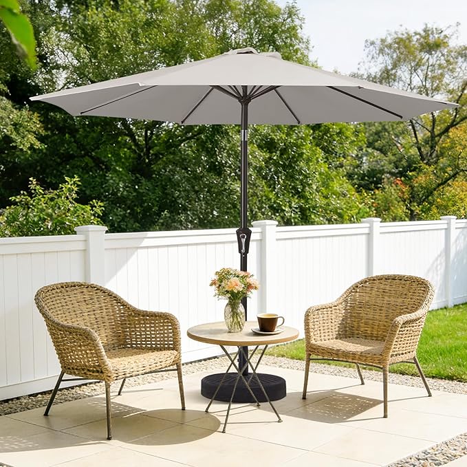 MEWAY 9ft Patio Umbrella Outdoor Table Umbrellas with Push Button Tilt and Crank, Market Umbrella 8 Sturdy Ribs for Deck, Garden, Pool and Backyard, Fog Gray