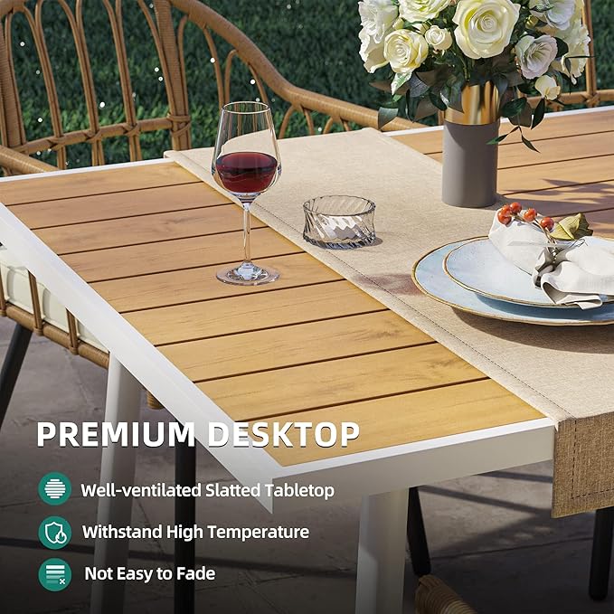 DWVO Patio Table Rectangle 59"x34.2", Patio Dining Table for 6 Weather-Resistant Outdoor Table with Umbrella Hole, Steel Frame, Adjustable Feet for Outdoor/Indoor