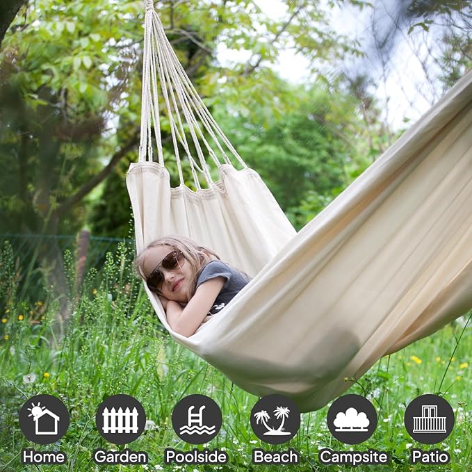 ANYOO Cotton Hammock Portable Camping Hammocks for Hanging Sturdy Garden Comfortable Fabric Hammock with Tree Straps Up to 660lbs with Travel Bag for Camping Outdoor/Indoor Patio Backyard