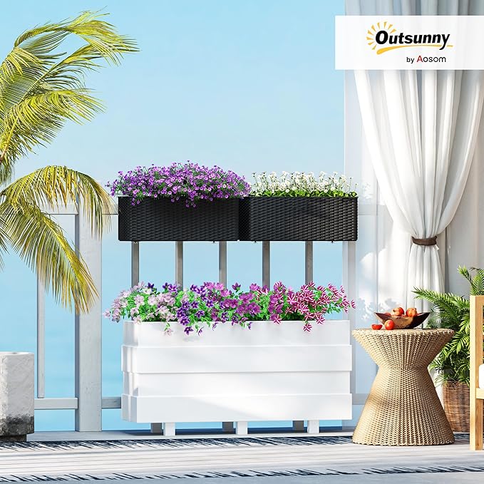Outsunny Railing Planter Box (2 Pack, 20 Inch), Hanging Flower Pots with Hooks, Drainage Holes for Fence, Balcony, Garden, Patio, Rattan Look, Black