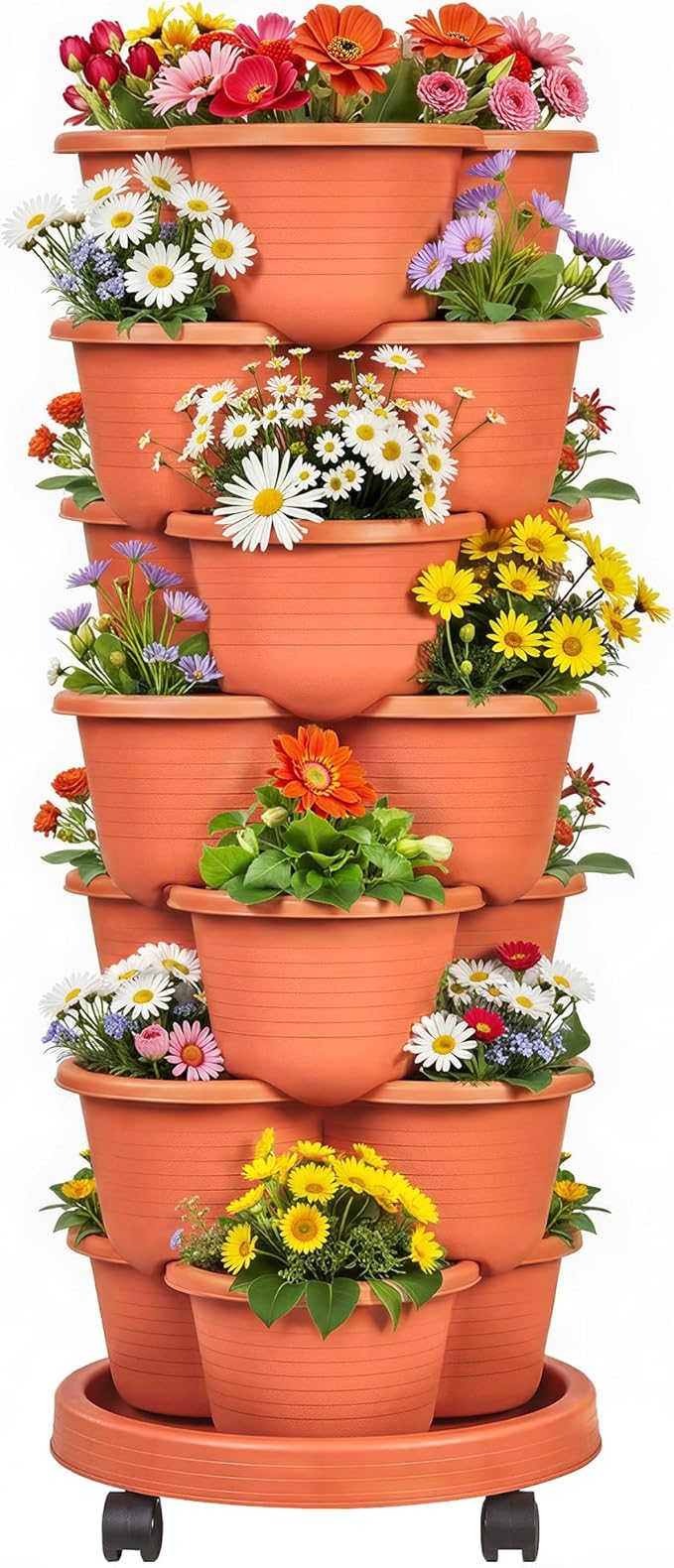 VECELO 7 Tier Vertical Garden Planter, Self Watering Stackable Planters with Wheels for Strawberries, Herbs, Flowers, Vegetables, Red