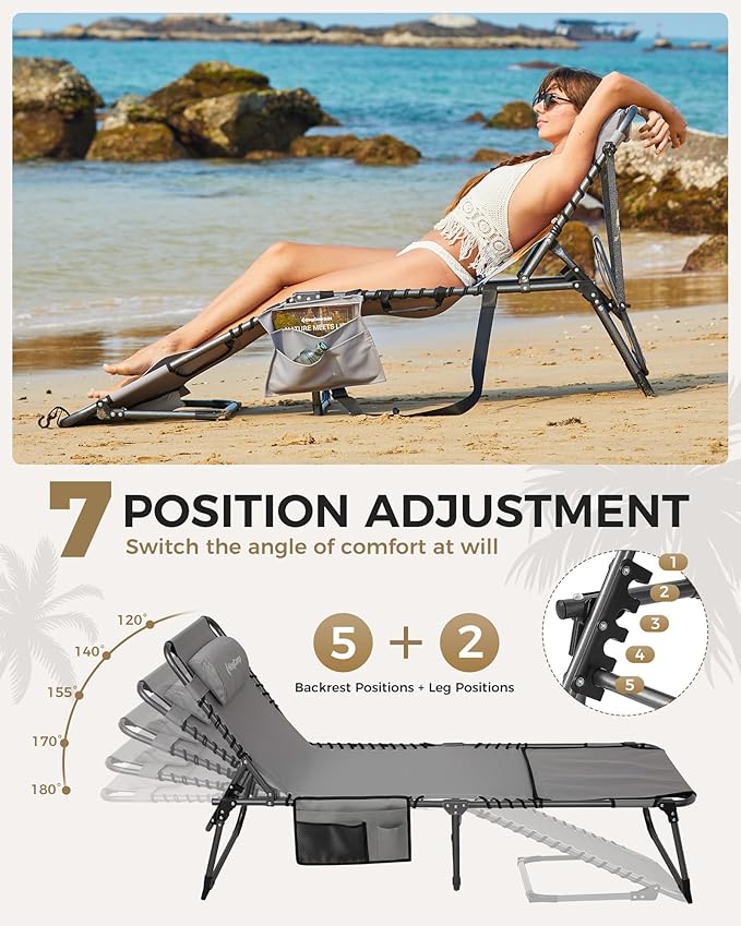 KingCamp 2 Pack Tanning Chair with Face Hole, Lounge Chairs Outdoor Folding Comfy Adjustable 5-Position Foldable Chaise Chaser with Canopy Shade for Outside Beach Patio, Grey