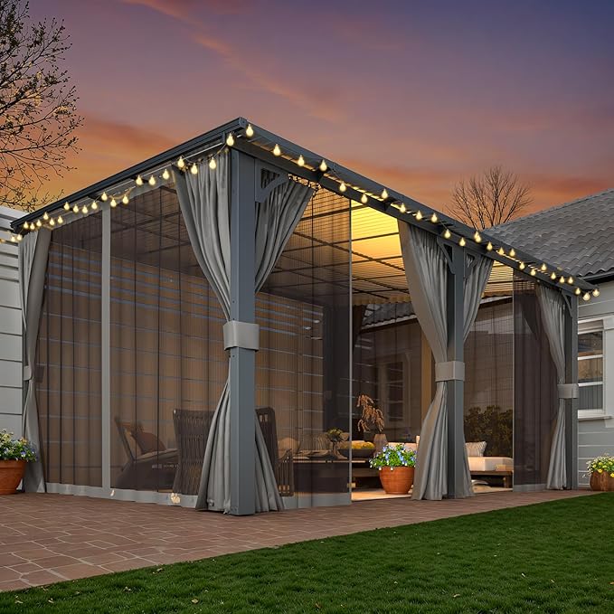 AECOJOY 14' x 12' Gazebo Outdoor Pergola with Curtains and Netting for Patio, Large Wall-Mounted Hardtop 12x14 Lean to Metal Heavy Duty Gazebo, Pergolas and Gazebos Clearance with Patio Roof Awnings