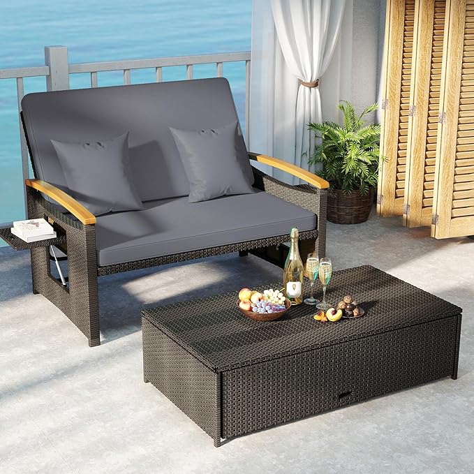 Tangkula Patio Rattan Daybed with 4-Level Adjustable Backrest, Outdoor Wicker Loveseat with Acacia Wood Armrest, Storage Ottoman & Folding Tray, Double Sunbed for Lawn Yard & Poolside, Grey & Brown