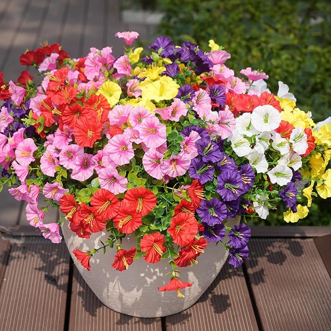 Artificial Flowers for Outdoors, UV Resistant Fake Silk Morning Glory, Realistic Faux Plants for Outside Porch Patio Window Box Hanging Planter (16, Purple White Yellow Pink Red)