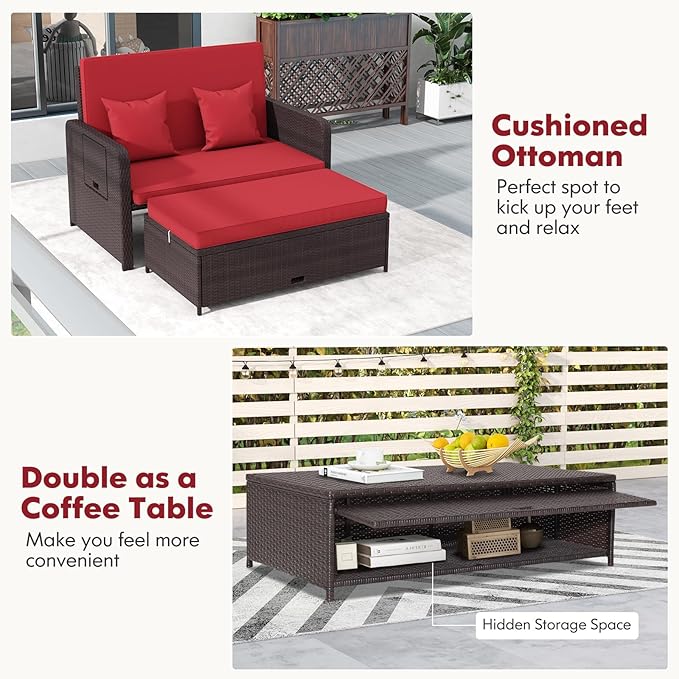 Nightcore Wicker Patio Outdoor Daybed, Outdoor Chaise Lounger w/ 4-Level Adjustable Backrest, Retractable Side Trays, Storage Ottoman, Comfortable & Removable Cushions, Rattan Loveseat (Red)