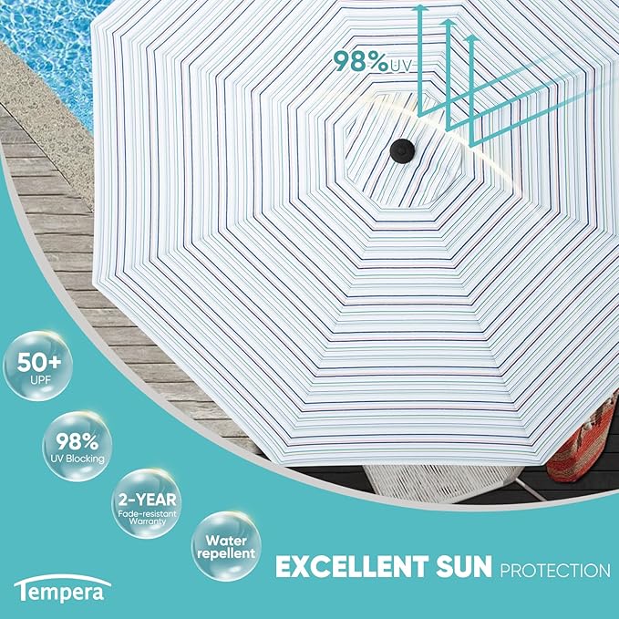 Tempera Patio Market Outdoor Table Umbrella with Auto Tilt and Crank, Large Sun Umbrella with Sturdy Pole & Fade Resistant Canopy, Easy to Set